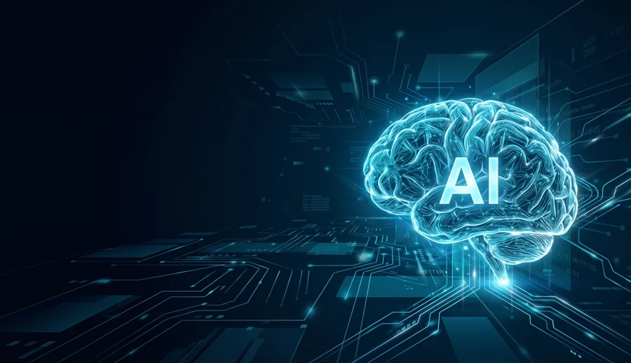 An illuminated digital brain representing artificial intelligence